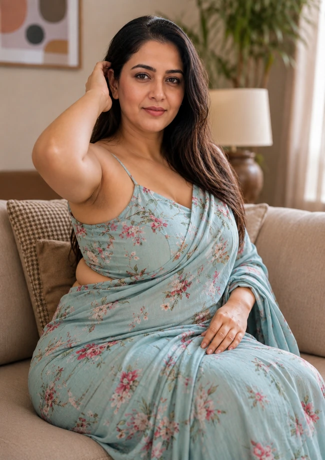 classy aunty in baby blue saree sitting on couch